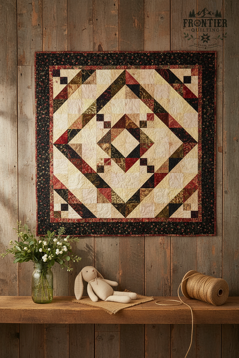 Baby Diamond Daze quilt hanging on rustic wooden wall with mason jar greenery and stuffed bunny